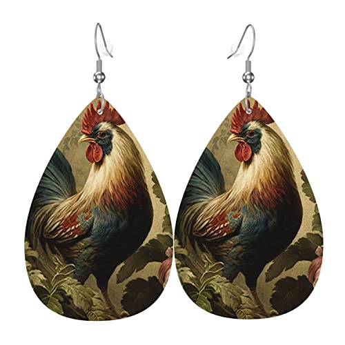 Leder-Ohrringe in Tropfenform, leichte baumelnde Tropfenohrringe für Frauen – Hahn-Vintage-Kunst, weiß von Oudrspo