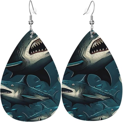Leder-Ohrringe in Tropfenform, leichte baumelnde Tropfenohrringe für Frauen – Haie, wütender cooler Kunsthai, weiß von Oudrspo