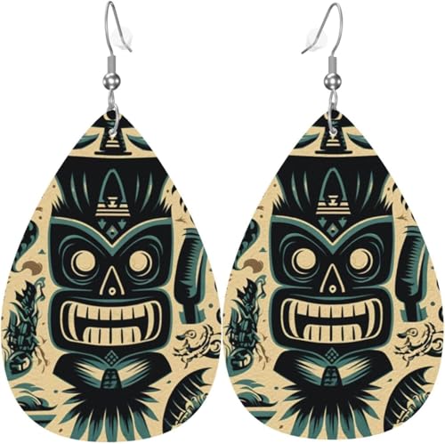 Leder-Ohrringe in Tropfenform, leichte baumelnde Tropfenohrringe für Frauen – Hawaiianisch, Tiki, Tribal, Retro, Weiß von Oudrspo