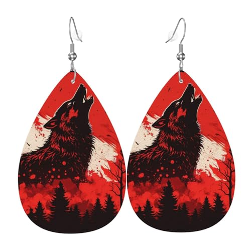 Leder-Ohrringe in Tropfenform, leichte baumelnde Tropfenohrringe für Frauen – Heulender Wolf, blutroter Mond, cool, weiß von Oudrspo