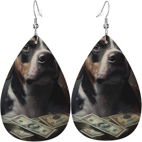 Leder-Ohrringe in Tropfenform, leichte baumelnde Tropfenohrringe für Frauen – Hunde, Geldkunst, weiß von Oudrspo