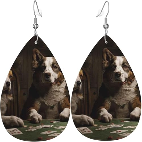 Leder-Ohrringe in Tropfenform, leichte baumelnde Tropfenohrringe für Frauen – Hunde, die Pokerkarten spielen, lustiger Hund, weiß von Oudrspo