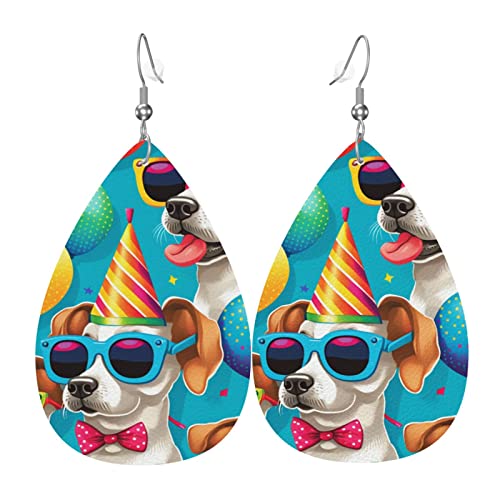 Leder-Ohrringe in Tropfenform, leichte baumelnde Tropfenohrringe für Frauen – Hundeparty, lustiger Hund, weiß von Oudrspo