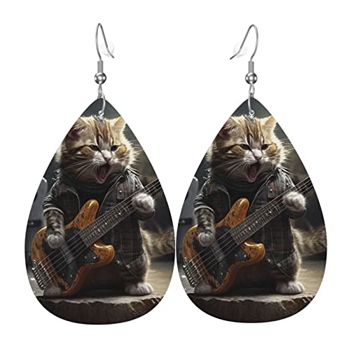 Leder-Ohrringe in Tropfenform, leichte baumelnde Tropfenohrringe für Frauen – Katze spielt Gitarre, Rockmusik, weiß von Oudrspo