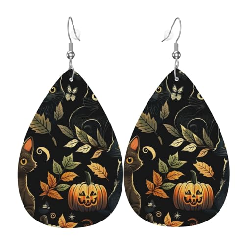 Leder-Ohrringe in Tropfenform, leichte baumelnde Tropfenohrringe für Frauen – Katzen, Halloween, Schwarz, Weiß von Oudrspo