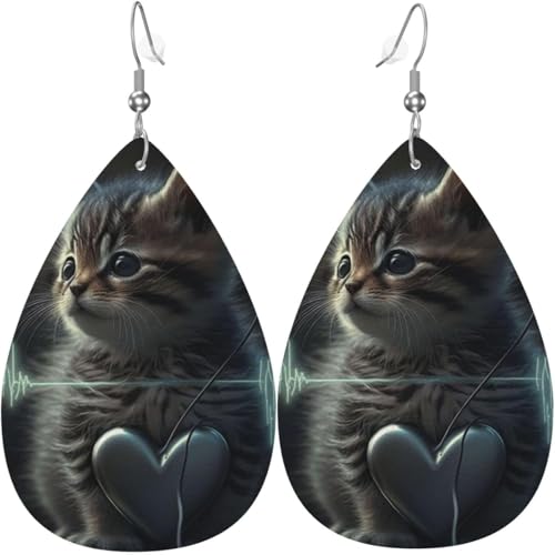 Leder-Ohrringe in Tropfenform, leichte baumelnde Tropfenohrringe für Frauen – Katzen-Herzschlag, weiß von Oudrspo