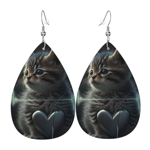 Leder-Ohrringe in Tropfenform, leichte baumelnde Tropfenohrringe für Frauen – Katzen-Herzschlag, weiß von Oudrspo