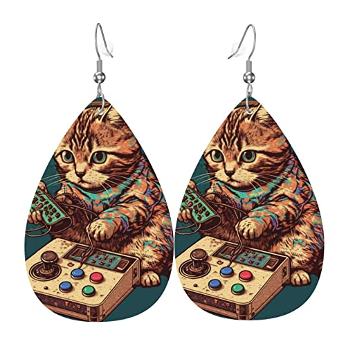Leder-Ohrringe in Tropfenform, leichte baumelnde Tropfenohrringe für Frauen – Lustige Katzenspiele im Retro-Stil, weiß von Oudrspo