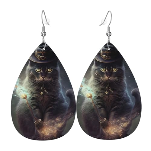 Leder-Ohrringe in Tropfenform, leichte baumelnde Tropfenohrringe für Frauen – Magische Katzenhexe, Weiß von Oudrspo