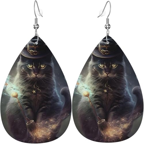Leder-Ohrringe in Tropfenform, leichte baumelnde Tropfenohrringe für Frauen – Magische Katzenhexe, weiß von Oudrspo