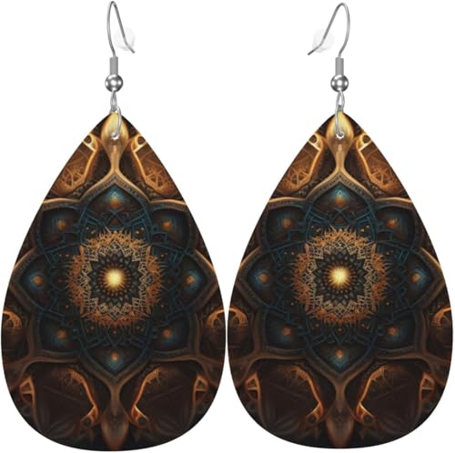 Leder-Ohrringe in Tropfenform, leichte baumelnde Tropfenohrringe für Frauen – Mandala-Geometrie, abstrakt, weiß von Oudrspo