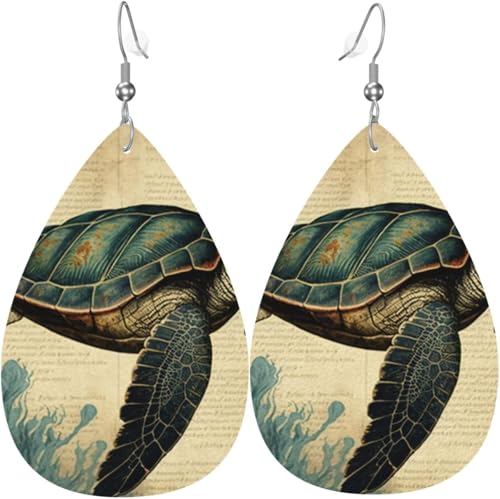 Leder-Ohrringe in Tropfenform, leichte baumelnde Tropfenohrringe für Frauen – Meeresschildkröte, Vintage-Kunst, weiß von Oudrspo