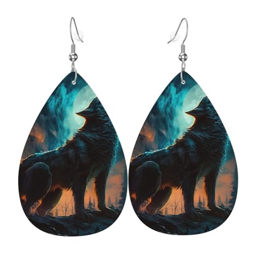 Leder-Ohrringe in Tropfenform, leichte baumelnde Tropfenohrringe für Frauen – Nachtheulender cooler Werwolf, weiß von Oudrspo