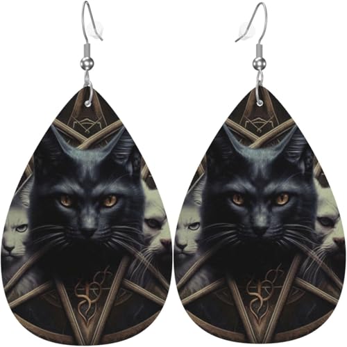 Leder-Ohrringe in Tropfenform, leichte baumelnde Tropfenohrringe für Frauen – Pentagramm, satanischer Katzenkopf, weiß von Oudrspo