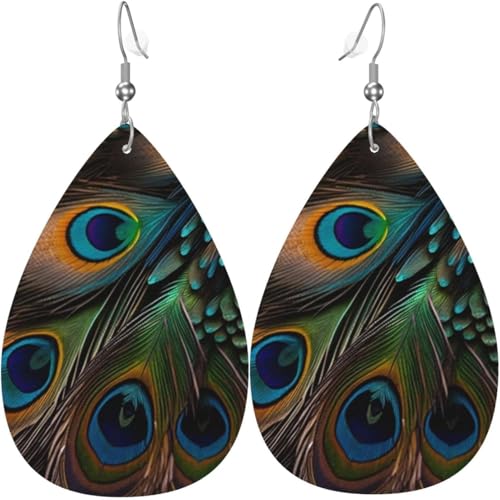Leder-Ohrringe in Tropfenform, leichte baumelnde Tropfenohrringe für Frauen – Pfauenfedern, Pfauenkunst, weiß von Oudrspo