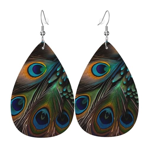 Leder-Ohrringe in Tropfenform, leichte baumelnde Tropfenohrringe für Frauen – Pfauenfedern, Pfauenkunst, weiß von Oudrspo