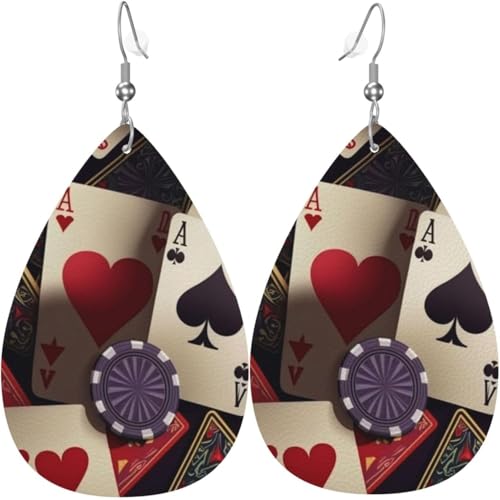 Leder-Ohrringe in Tropfenform, leichte baumelnde Tropfenohrringe für Frauen – Pokerkarten-Casino-Retro, weiß von Oudrspo