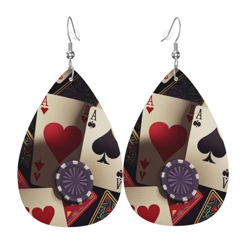 Leder-Ohrringe in Tropfenform, leichte baumelnde Tropfenohrringe für Frauen – Pokerkarten-Casino-Retro, weiß von Oudrspo
