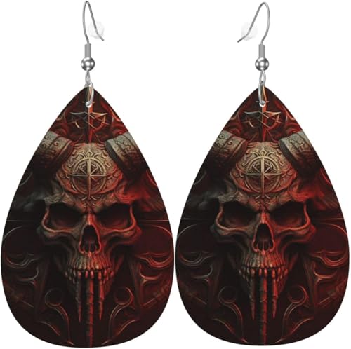 Leder-Ohrringe in Tropfenform, leichte baumelnde Tropfenohrringe für Frauen – Satanischer Totenkopf, Tod, Rot, Weiß von Oudrspo