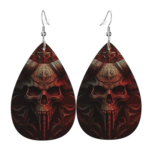 Leder-Ohrringe in Tropfenform, leichte baumelnde Tropfenohrringe für Frauen – Satanischer Totenkopf, Tod, Rot, Weiß von Oudrspo