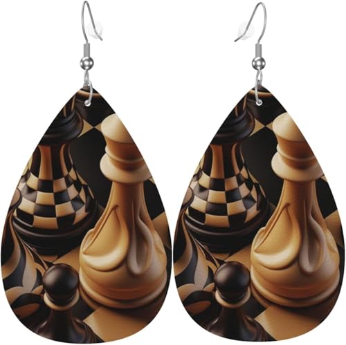 Leder-Ohrringe in Tropfenform, leichte baumelnde Tropfenohrringe für Frauen – Schachfiguren Vintage, Weiß von Oudrspo