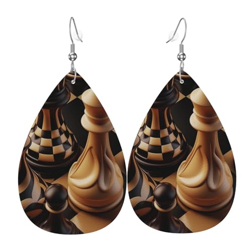 Leder-Ohrringe in Tropfenform, leichte baumelnde Tropfenohrringe für Frauen – Schachfiguren Vintage, Weiß von Oudrspo