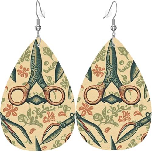 Leder-Ohrringe in Tropfenform, leichte baumelnde Tropfenohrringe für Frauen – Scherenmuster, Vintage-Cartoon, weiß von Oudrspo