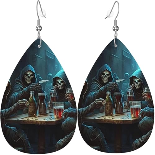 Leder-Ohrringe in Tropfenform, leichte baumelnde Tropfenohrringe für Frauen – Sensenmann-Party, cool, weiß von Oudrspo