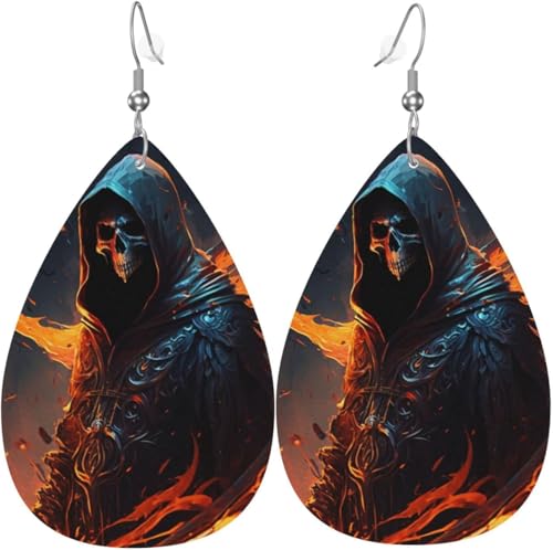 Leder-Ohrringe in Tropfenform, leichte baumelnde Tropfenohrringe für Frauen – Sensenmann im Feuer, weiß von Oudrspo