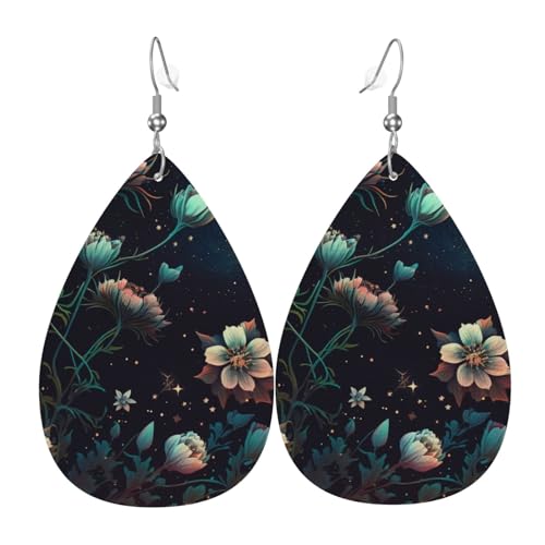 Leder-Ohrringe in Tropfenform, leichte baumelnde Tropfenohrringe für Frauen – Sternenhimmel-Blumen, weiß von Oudrspo