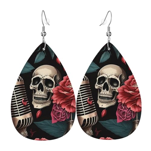Leder-Ohrringe in Tropfenform, leichte baumelnde Tropfenohrringe für Frauen – Totenköpfe, Mikrofone, Rosen, Blumen, Weiß von Oudrspo