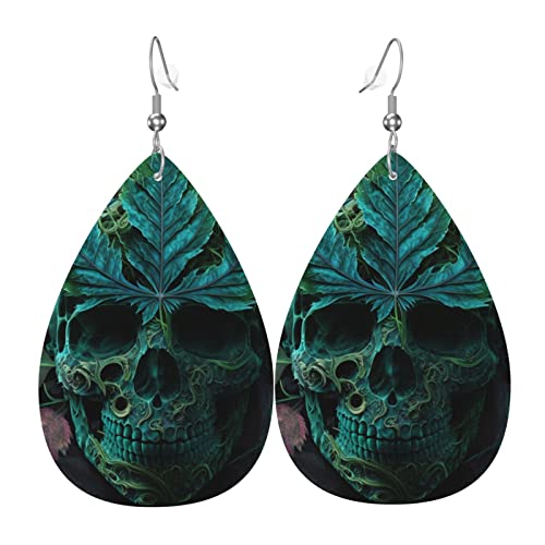 Leder-Ohrringe in Tropfenform, leichte baumelnde Tropfenohrringe für Frauen – Totenkopf, Blatt, Gras, grüner Kopf, weiß von Oudrspo