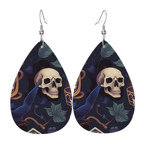 Leder-Ohrringe in Tropfenform, leichte baumelnde Tropfenohrringe für Frauen – Totenkopf, Hexen, Tarot, magische Totenköpfe, weiß von Oudrspo
