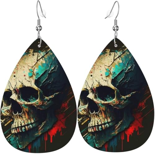 Leder-Ohrringe in Tropfenform, leichte baumelnde Tropfenohrringe für Frauen – Totenkopf, Tod, Horror-Kunst, Retro, Weiß von Oudrspo