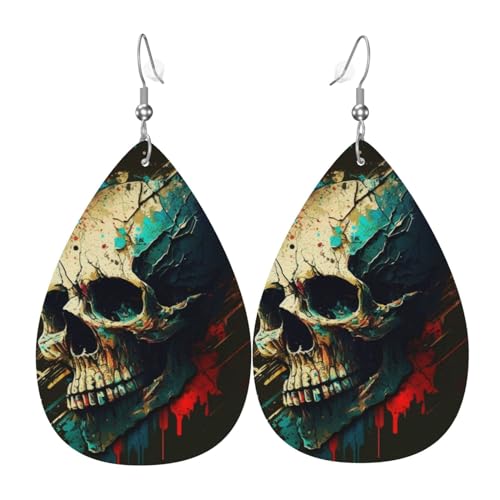 Leder-Ohrringe in Tropfenform, leichte baumelnde Tropfenohrringe für Frauen – Totenkopf, Tod, Horror-Kunst, Retro, Weiß von Oudrspo