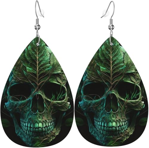 Leder-Ohrringe in Tropfenform, leichte baumelnde Tropfenohrringe für Frauen – Totenkopf, grünes Blattkraut, weiß von Oudrspo