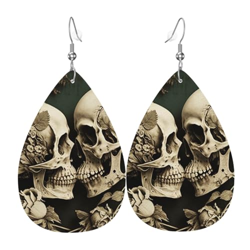 Leder-Ohrringe in Tropfenform, leichte baumelnde Tropfenohrringe für Frauen – Totenkopf, küssende Vintage-Liebhaber, weiß von Oudrspo