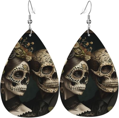 Leder-Ohrringe in Tropfenform, leichte baumelnde Tropfenohrringe für Frauen – Totenkopf-Liebhaber, Tag der Toten, Weiß von Oudrspo