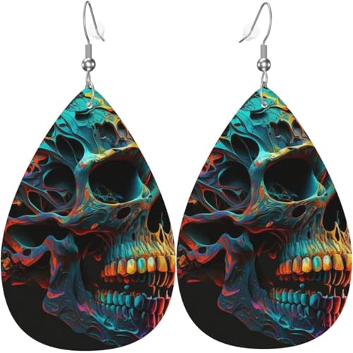 Leder-Ohrringe in Tropfenform, leichte baumelnde Tropfenohrringe für Frauen – Totenkopfkopf, psychedelisch, cool, weiß von Oudrspo