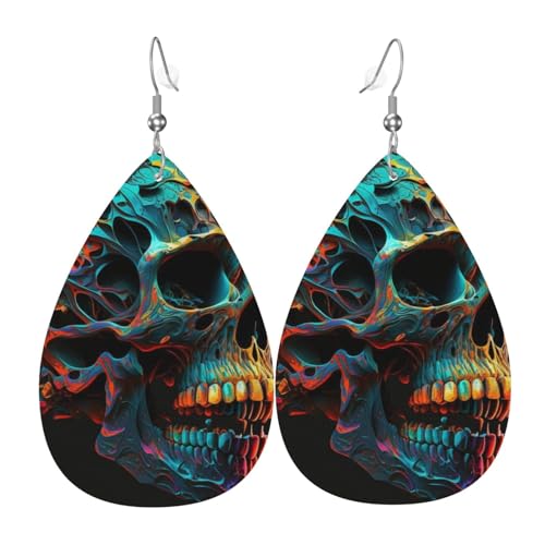 Leder-Ohrringe in Tropfenform, leichte baumelnde Tropfenohrringe für Frauen – Totenkopfkopf, psychedelisch, cool, weiß von Oudrspo