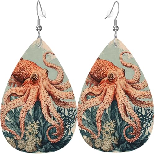 Leder-Ohrringe in Tropfenform, leichte baumelnde Tropfenohrringe für Frauen – Vintage-Korallen-Oktopus-Kunst-Aquarell, Weiß von Oudrspo
