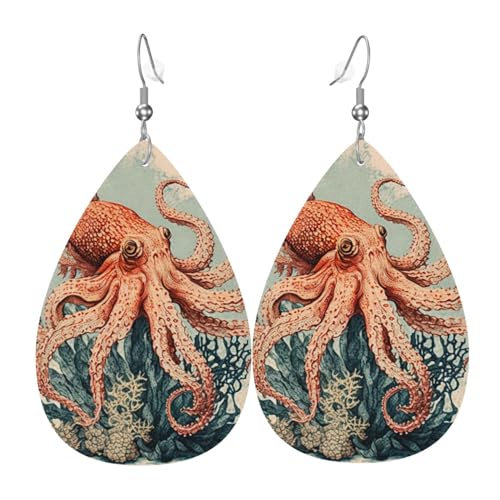Leder-Ohrringe in Tropfenform, leichte baumelnde Tropfenohrringe für Frauen – Vintage-Korallen-Oktopus-Kunst-Aquarell, Weiß von Oudrspo