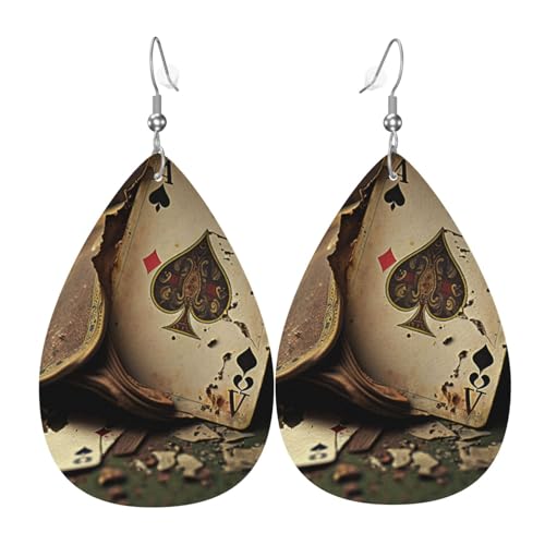 Leder-Ohrringe in Tropfenform, leichte baumelnde Tropfenohrringe für Frauen – Vintage-Pokerkarten brennen, weiß von Oudrspo