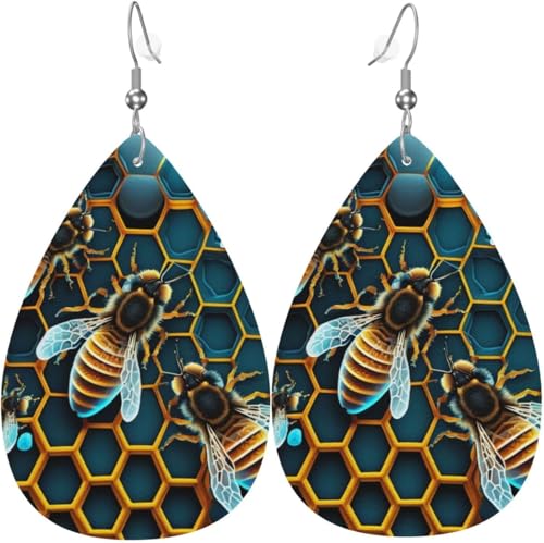 Leder-Ohrringe in Tropfenform, leichte baumelnde Tropfenohrringe für Frauen – Wabenbiene, Sternenbiene, Honig, Weiß von Oudrspo