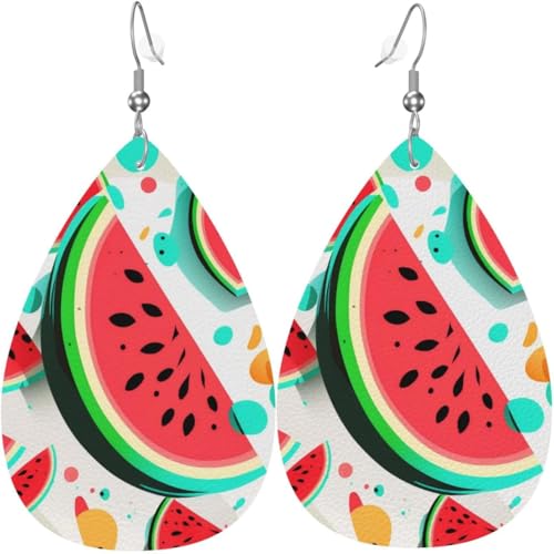 Leder-Ohrringe in Tropfenform, leichte baumelnde Tropfenohrringe für Frauen – Wassermelone, cooler Cartoon, weiß von Oudrspo