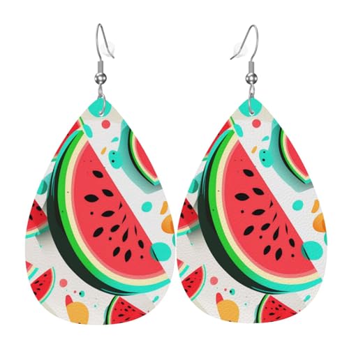Leder-Ohrringe in Tropfenform, leichte baumelnde Tropfenohrringe für Frauen – Wassermelone, cooler Cartoon, weiß von Oudrspo