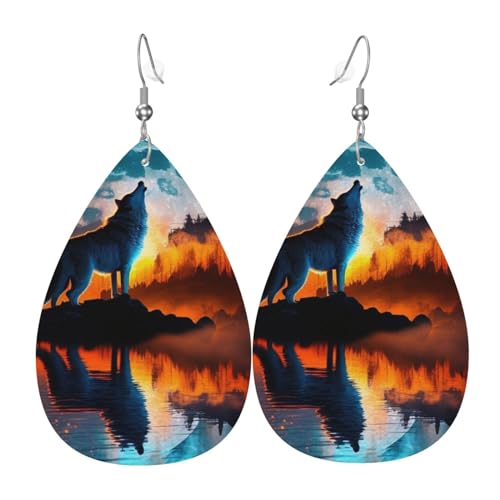 Leder-Ohrringe in Tropfenform, leichte baumelnde Tropfenohrringe für Frauen – Wolf heult, Nacht, Mond, Fluss, Weiß von Oudrspo