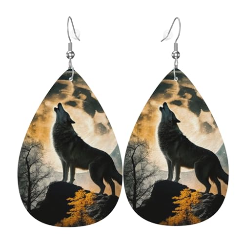 Leder-Ohrringe in Tropfenform, leichte baumelnde Tropfenohrringe für Frauen – Wolf im Vollmond, heulender Weiß von Oudrspo