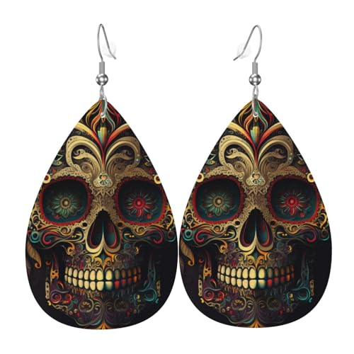 Leder-Ohrringe in Tropfenform, leichte baumelnde Tropfenohrringe für Frauen – Zuckerschädel, Paisleymuster, mexikanische Totenköpfe, weiß von Oudrspo