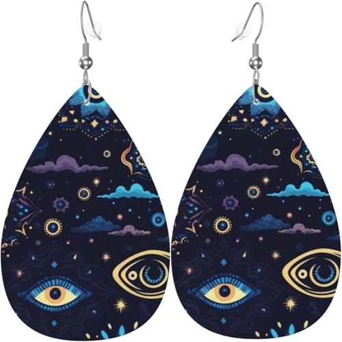 Leder-Ohrringe in Tropfenform, leichte baumelnde Tropfenohrringe für Frauen – magischer böser Blick, Sternenhimmel, weiß von Oudrspo
